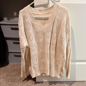 V-Neck Open-Knit Heart Sweater - Cream